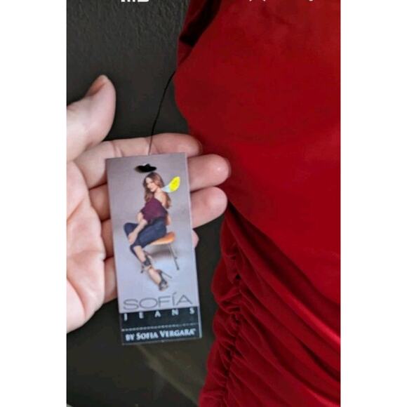 Sofia Vergara Red Ruched Dress Bodycon Midi Sheath Cut Out Women XL Stretch plus - Picture 10 of 13